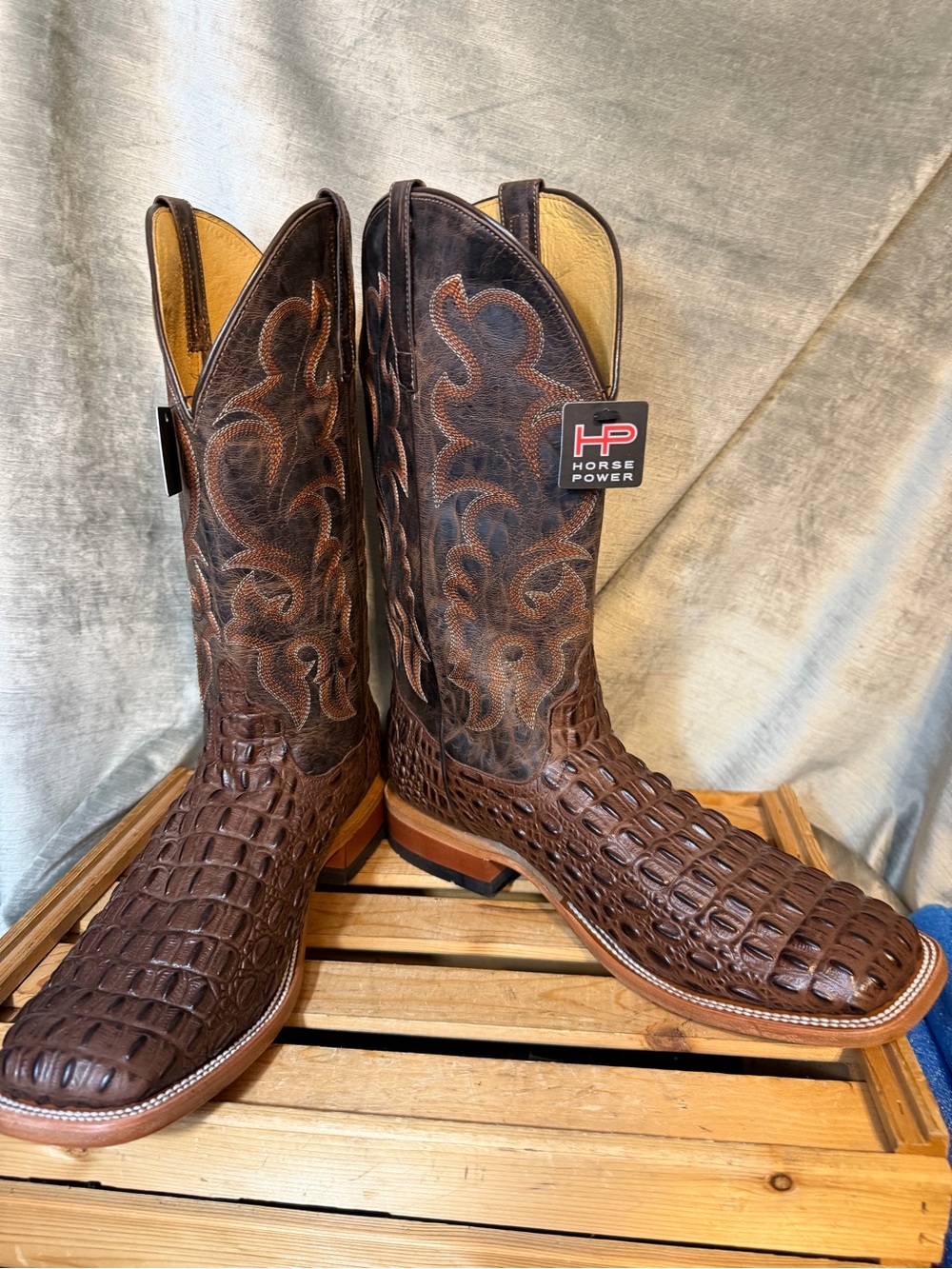 Horse Power Nile Crocodile Print Western Men's Square Toe Boots. Size 14D